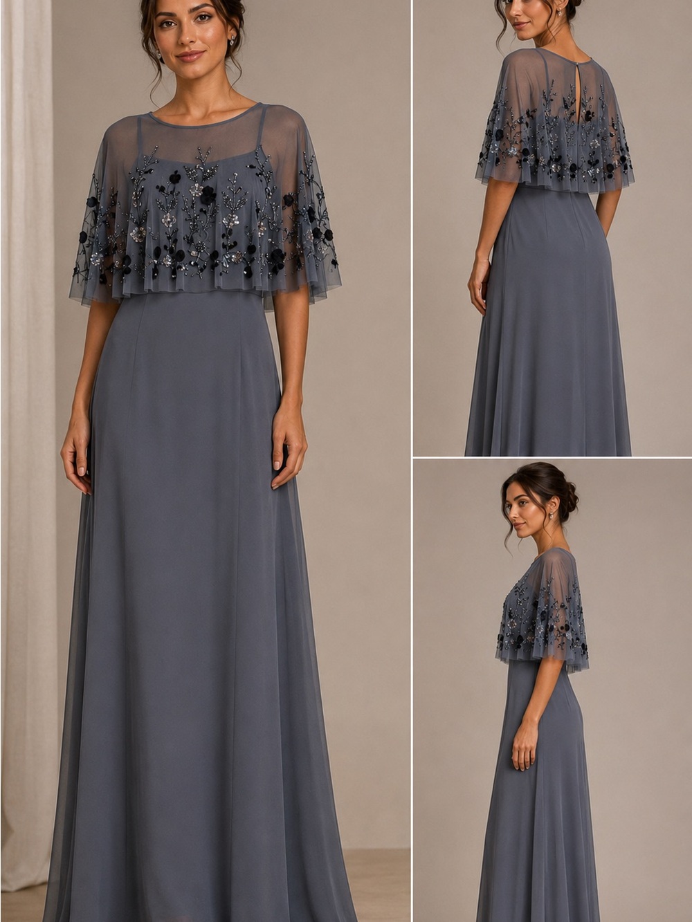 Mac Duggal Slate Gray Embroidered Capelet Maxi Dress